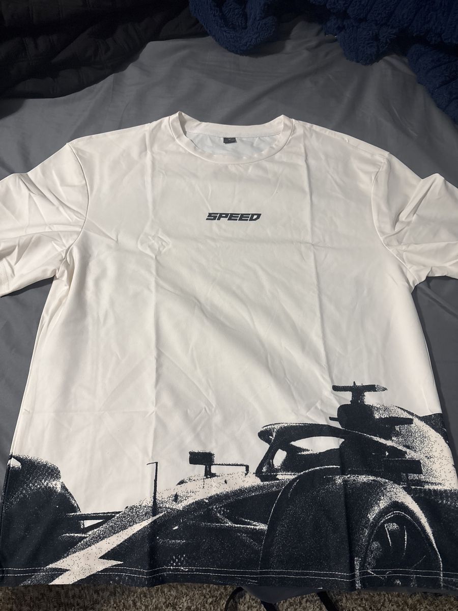White "SPEED" Graphic T-Shirt with Race Car Design - Unisex, Short Sleeve