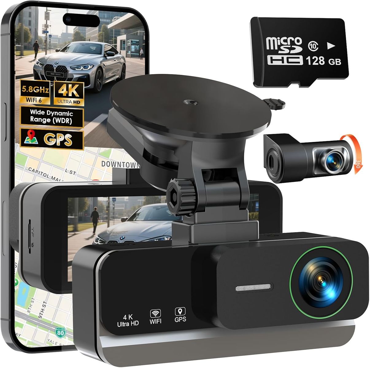 NEW 4K+4K Dash Cam Front and Rear, Free 128GB Card Included, 5.8GHz WiFi-20MB/s Fast Download, Dash Camera for Cars etc.