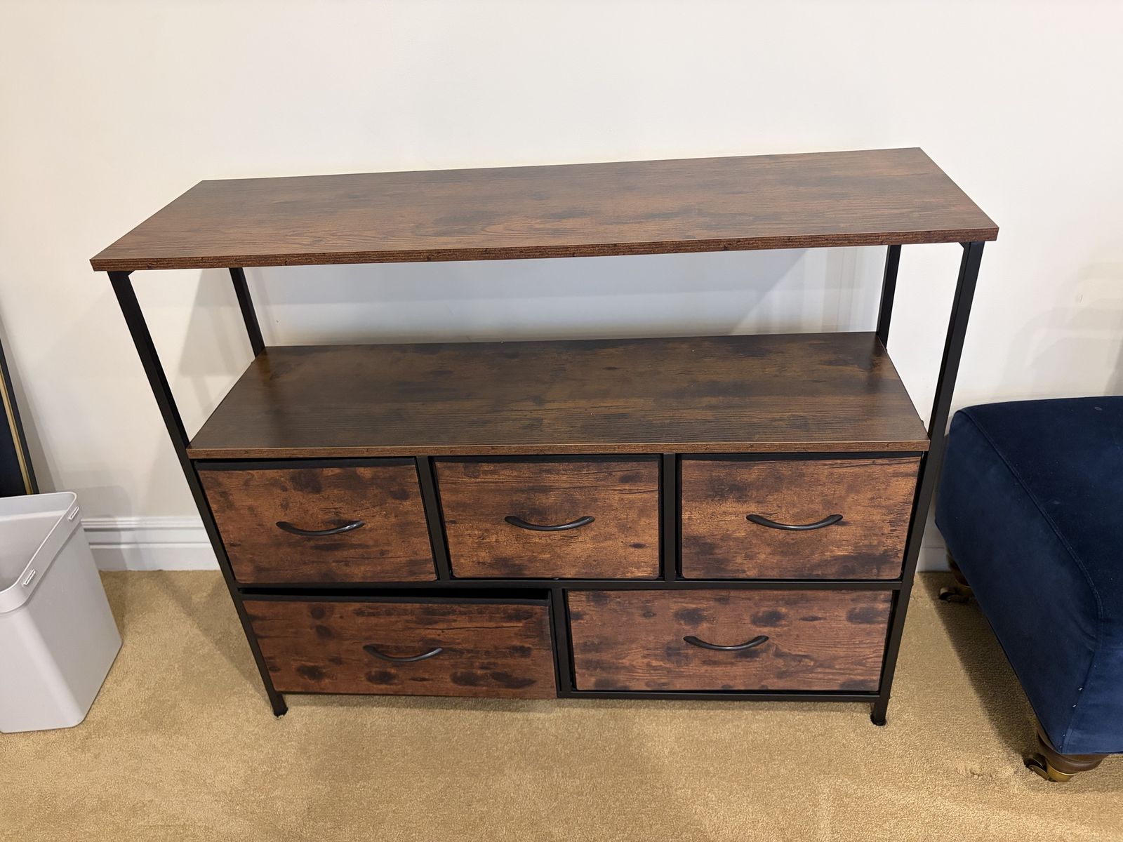 Industrial Wood and Metal Storage Dresser with 5 Fabric Drawers