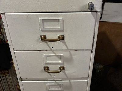 Vintage Industrial White Metal 6-Drawer locking gun Cabinet with Brass Pulls