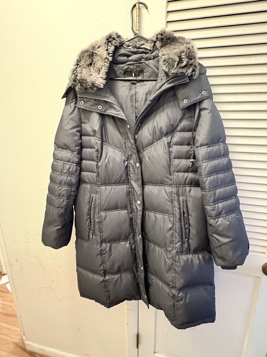 London Fog Gray Puffer Winter Coat with Faux Fur Hood XL