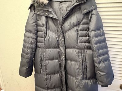 London Fog Gray Puffer Winter Coat with Faux Fur Hood XL