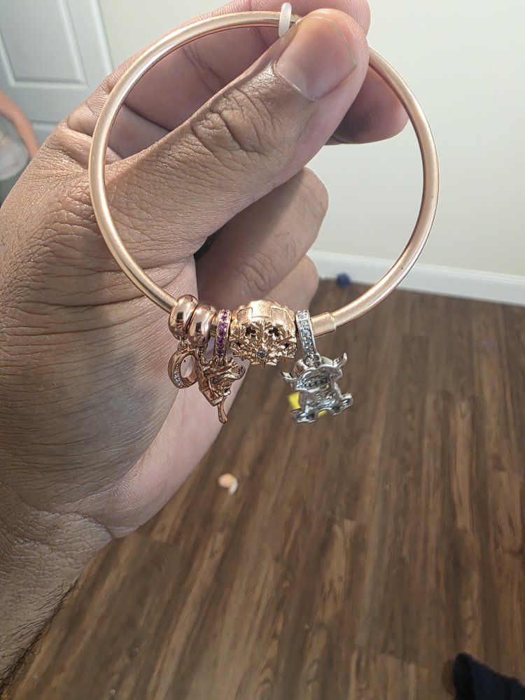 Pandora Rose Gold Bangle Bracelet with Charms Used