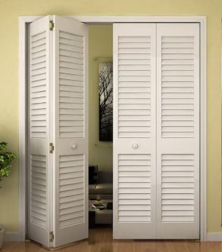 32-in x 80-in White Louver Smooth Solid core Primed Pine Wood Plantation Bifold Closet Door