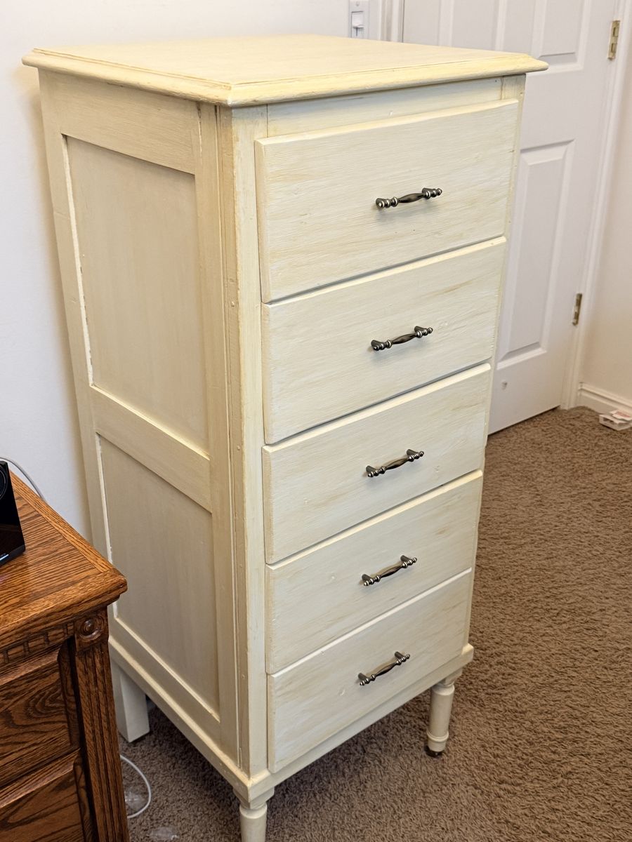 Tall 5-Drawer Shabby Chic Cream Wood Chest with Wheels – 19.5” W x 18” D x 47” 