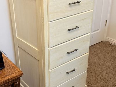 Tall 5-Drawer Shabby Chic Cream Wood Chest with Wheels – 19.5” W x 18” D x 47”