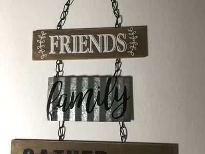 Friends ~Family ~Gather Here! (3) Piece Metal /Tin Hanging Wall Sign! 14” x 10” Unique!