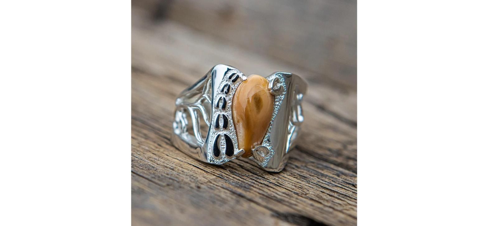 Sterling Silver Elk Ivory Ring - Bull Elk Rack & Tracks, Custom Made