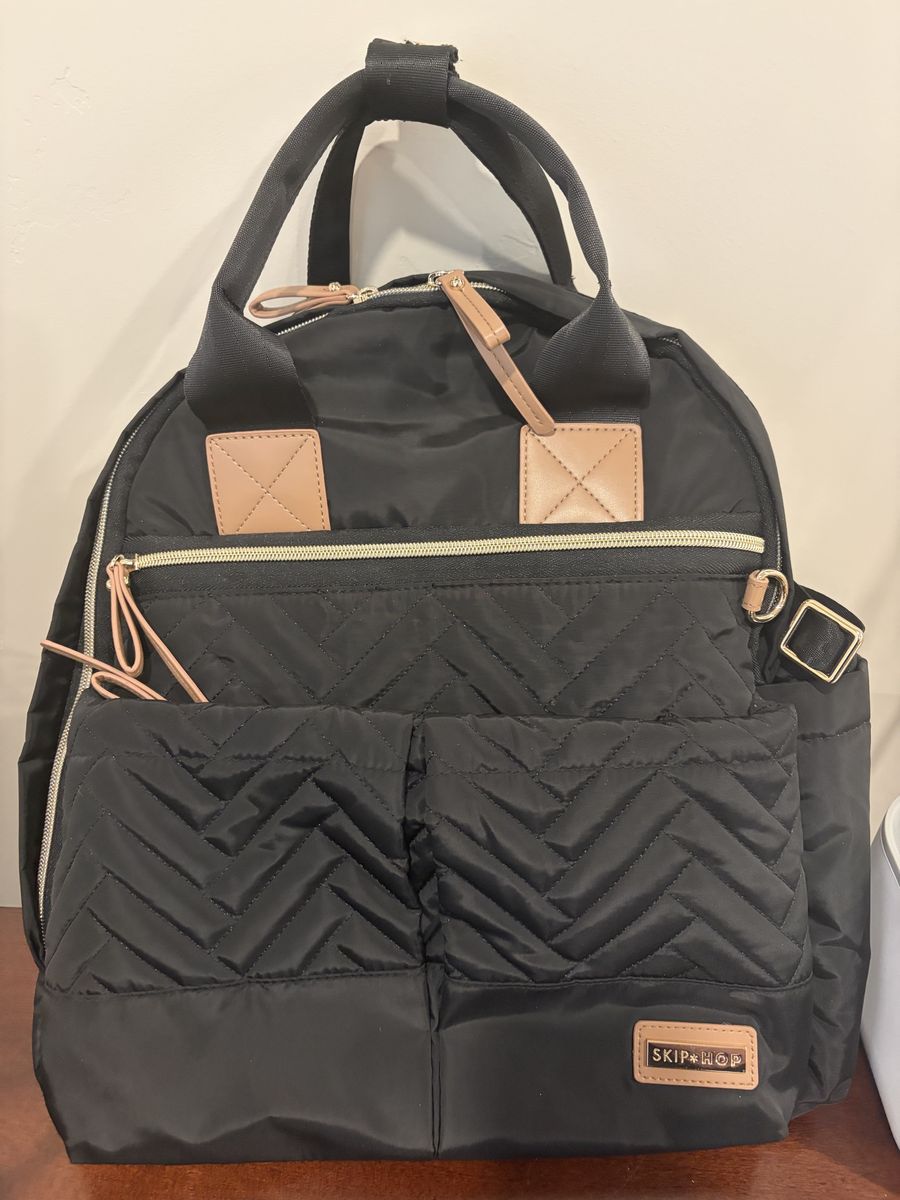Skip Hop Black Quilted Diaper Bag Backpack with Gold Hardware