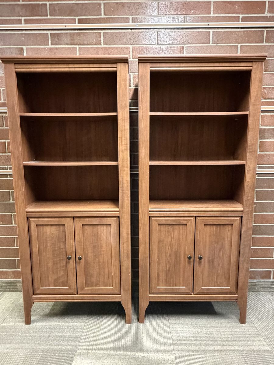 Pair of Matching Wood Bookcases With Cabinets 6 Foot