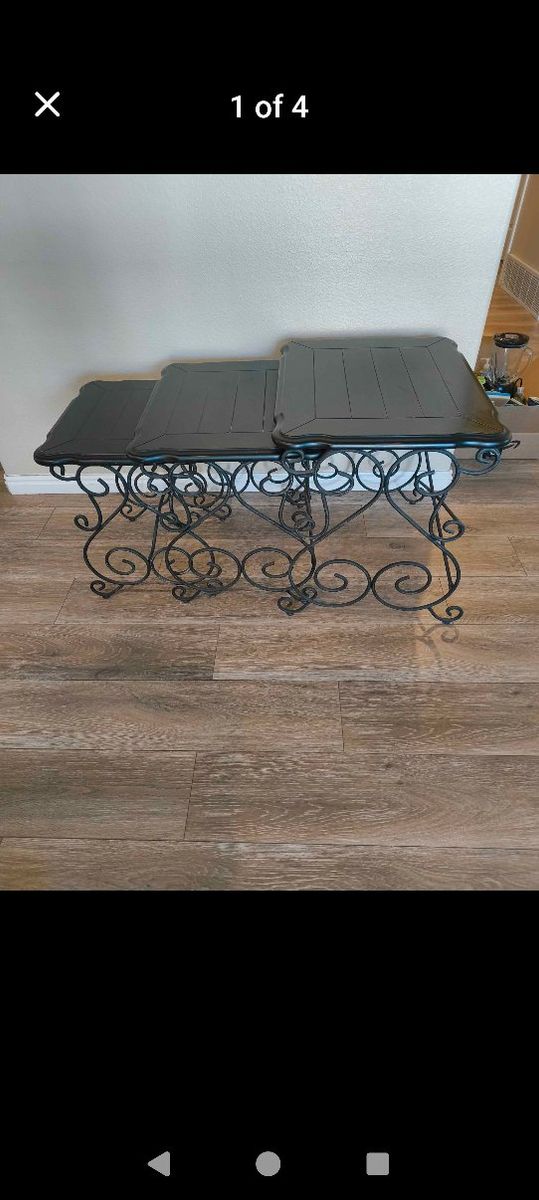Set of 3 Black Wood & Wrought Iron Nesting Side Tables, Decorative Scrollwork Design