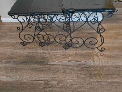 Set of 3 Black Wood & Wrought Iron Nesting Side Tables, Decorative Scrollwork Design