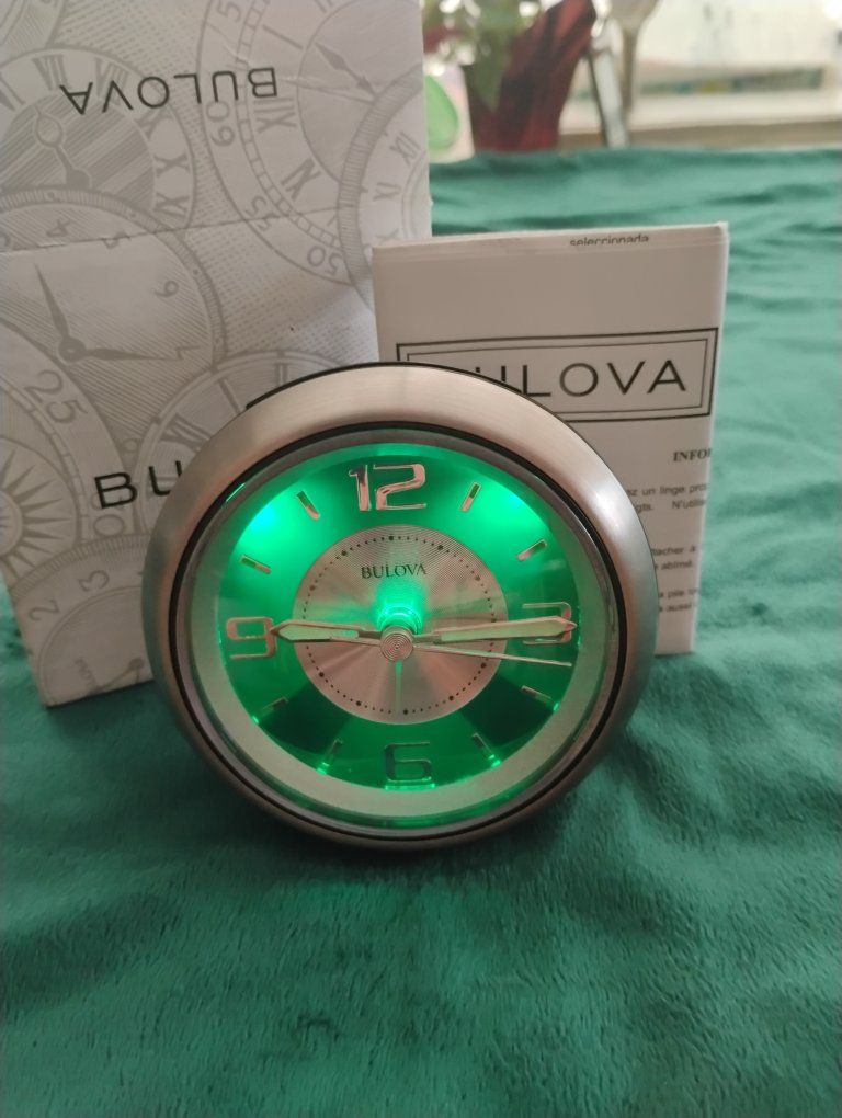 New: Bulova B5027 Illuminated Analog Travel Alarm Clock Silver Tone with Box