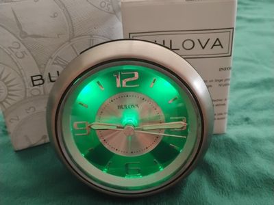 New: Bulova B5027 Illuminated Analog Travel Alarm Clock Silver Tone with Box