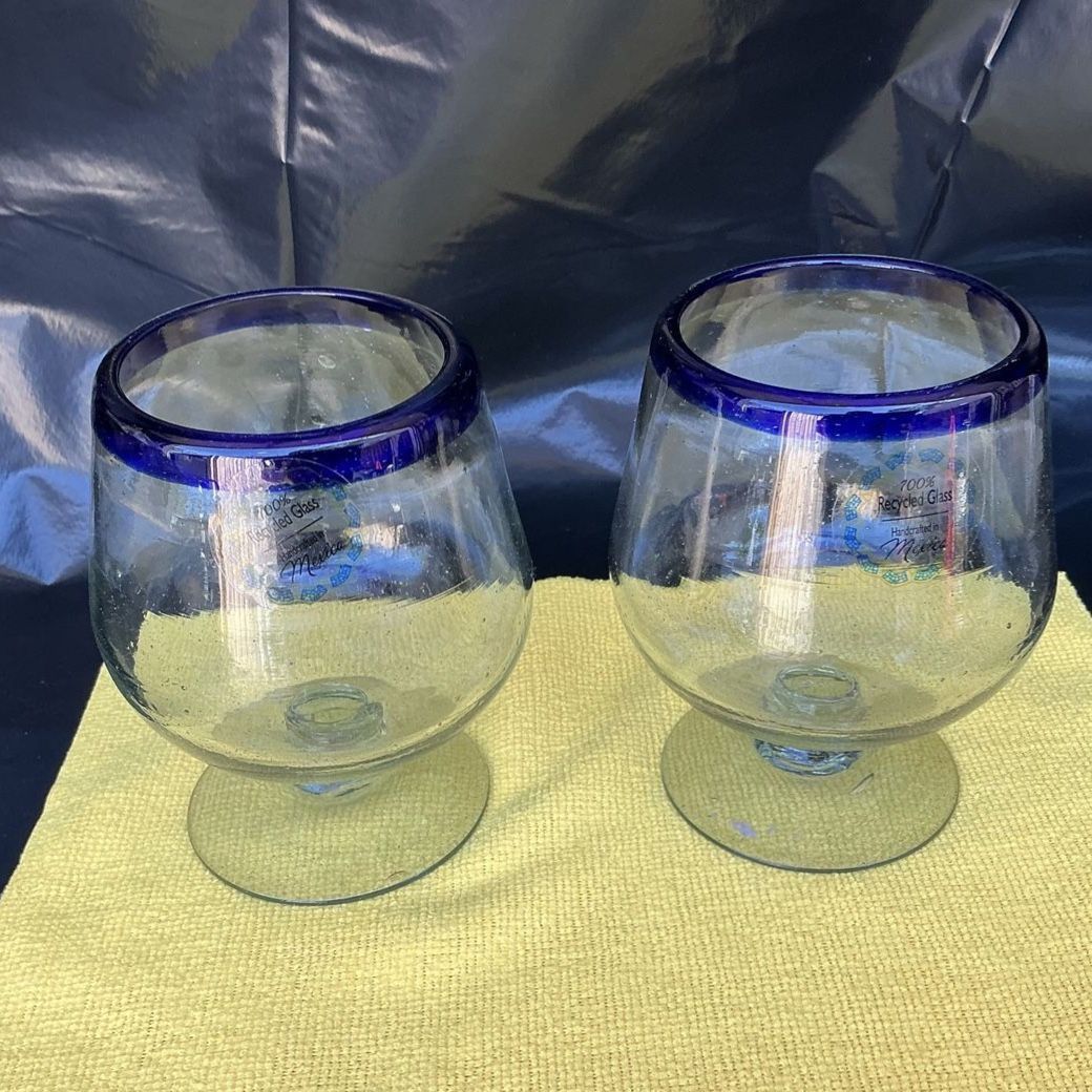 Handcrafted Mexican Recycled Glass Goblets - Set of 2 with Cobalt Blue Rims