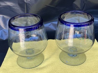 Handcrafted Mexican Recycled Glass Goblets - Set of 2 with Cobalt Blue Rims
