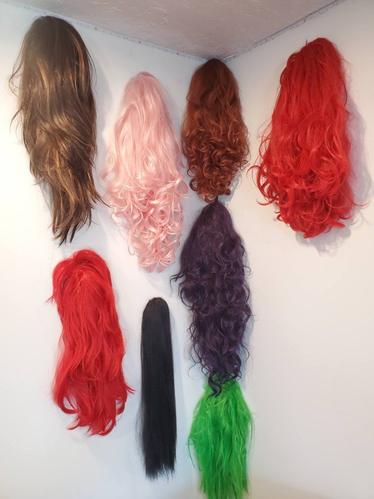 Assorted Wigs & Hair Extensions - Various Colors & Styles (Pink, Red, Brown, Green, Purple, Black..