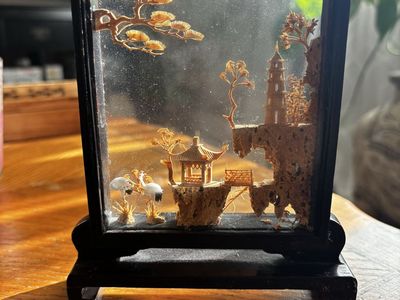 Decorative Framed Diorama Shadow Box Tabletop Display on Stand, Black/Brown/Gold