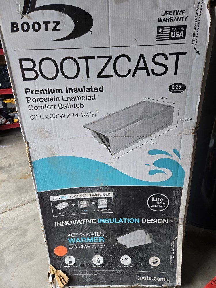 Bootzcast 60x30 Premium Insulated Porcelain Enameled Comfort Bathtub - Made in USA