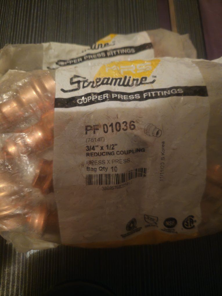 Streamline PF01036 Copper Press Reducing Coupling 3/4" x 1/2" (2 @Bag of 10)