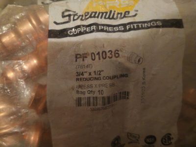 Streamline PF01036 Copper Press Reducing Coupling 3/4" x 1/2" (2 @Bag of 10)