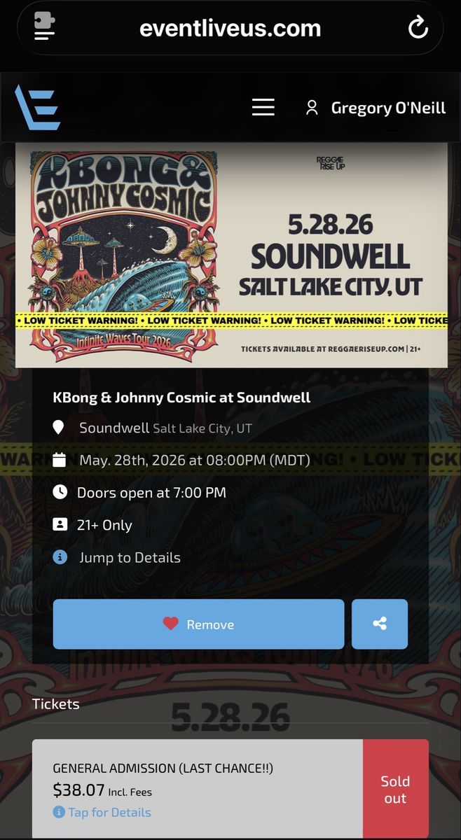 KBONG & JOHNNY COSMIC - Soundwell Thursday, May 28 - General Admission - $60 total for the two (want to sell together please)