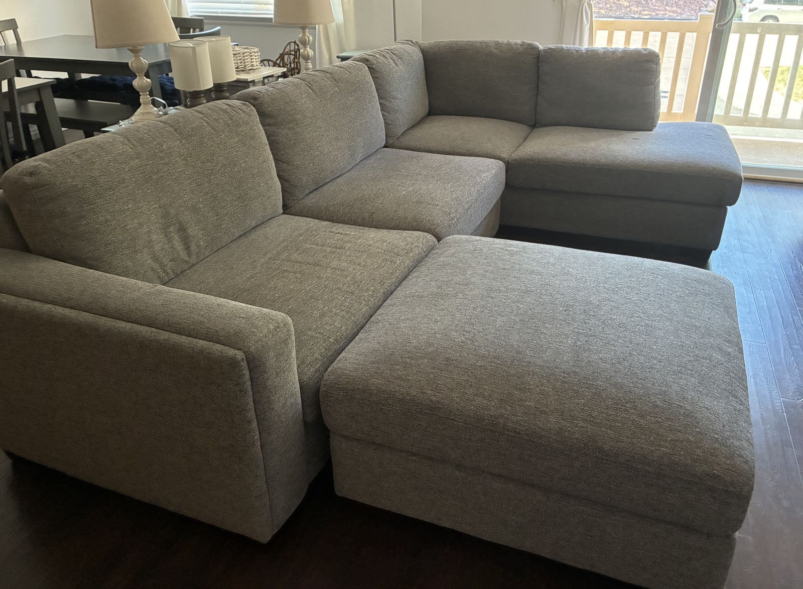 Spacious Gray Fabric Sectional Sofa with Ottoman - Excellent Condition Living Room Furniture