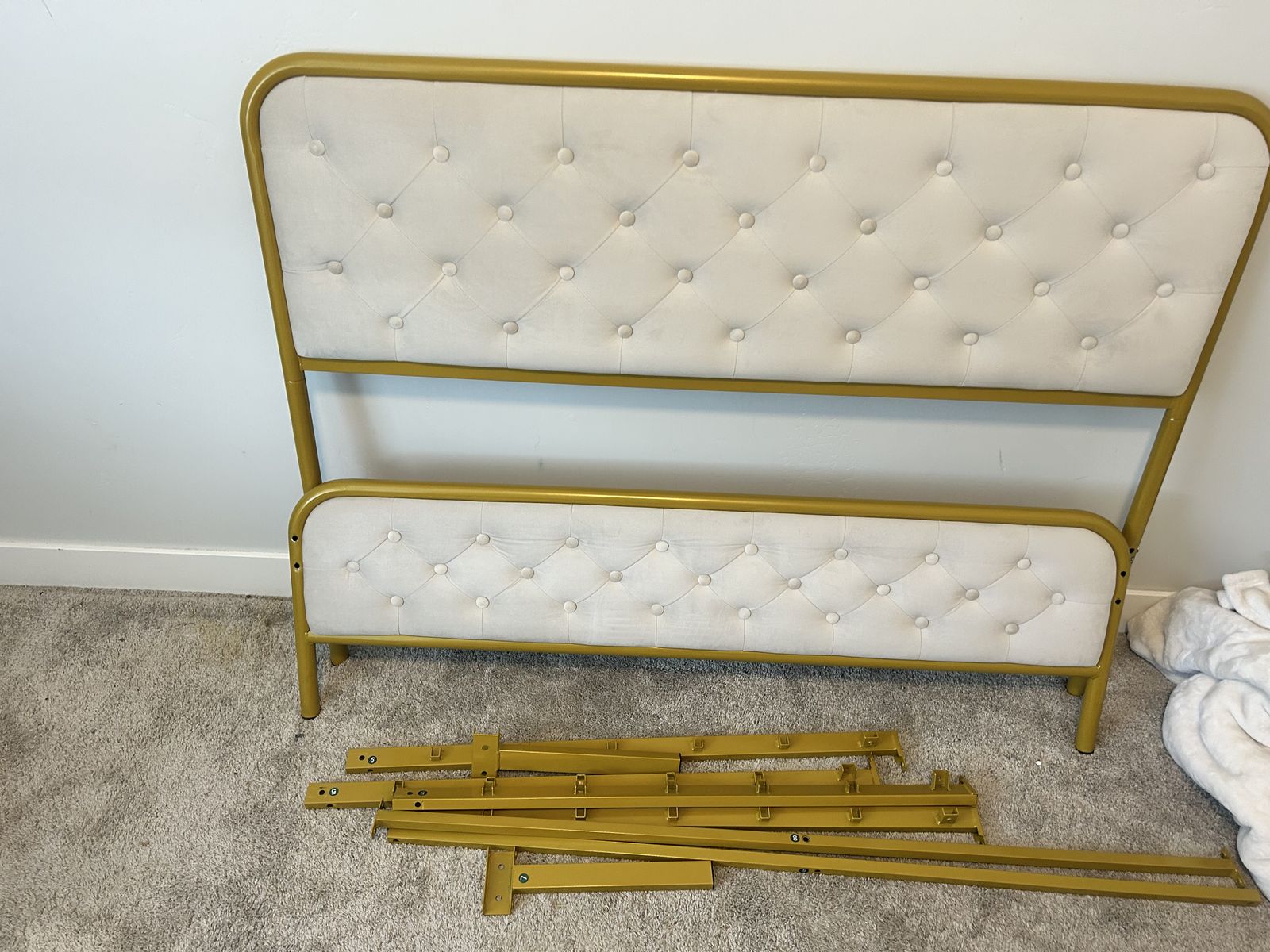 Gold Metal Bed Frame with Tufted Upholstered Headboard and Footboard