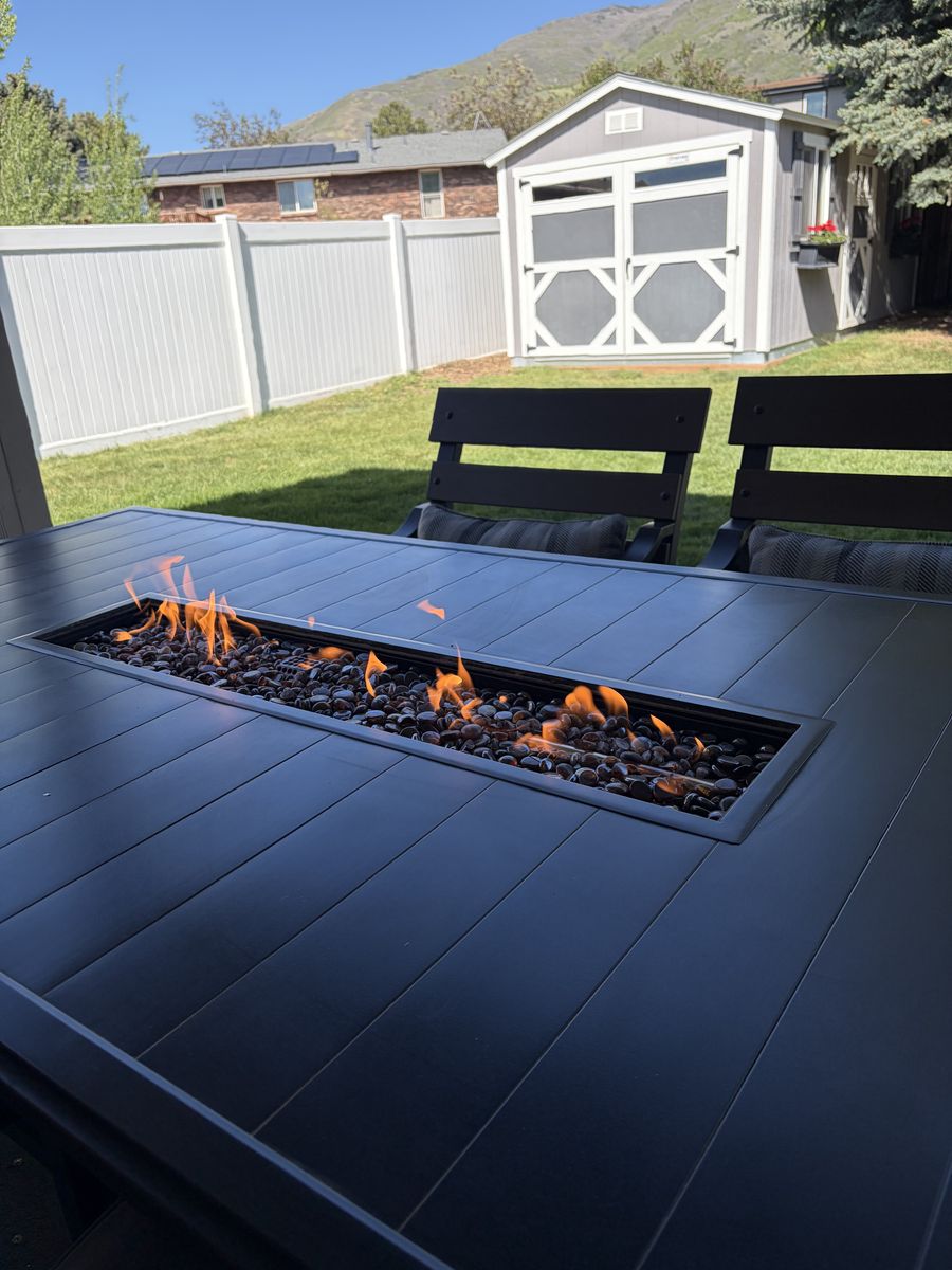 Awesome Patio Fire Table and Six Chairs