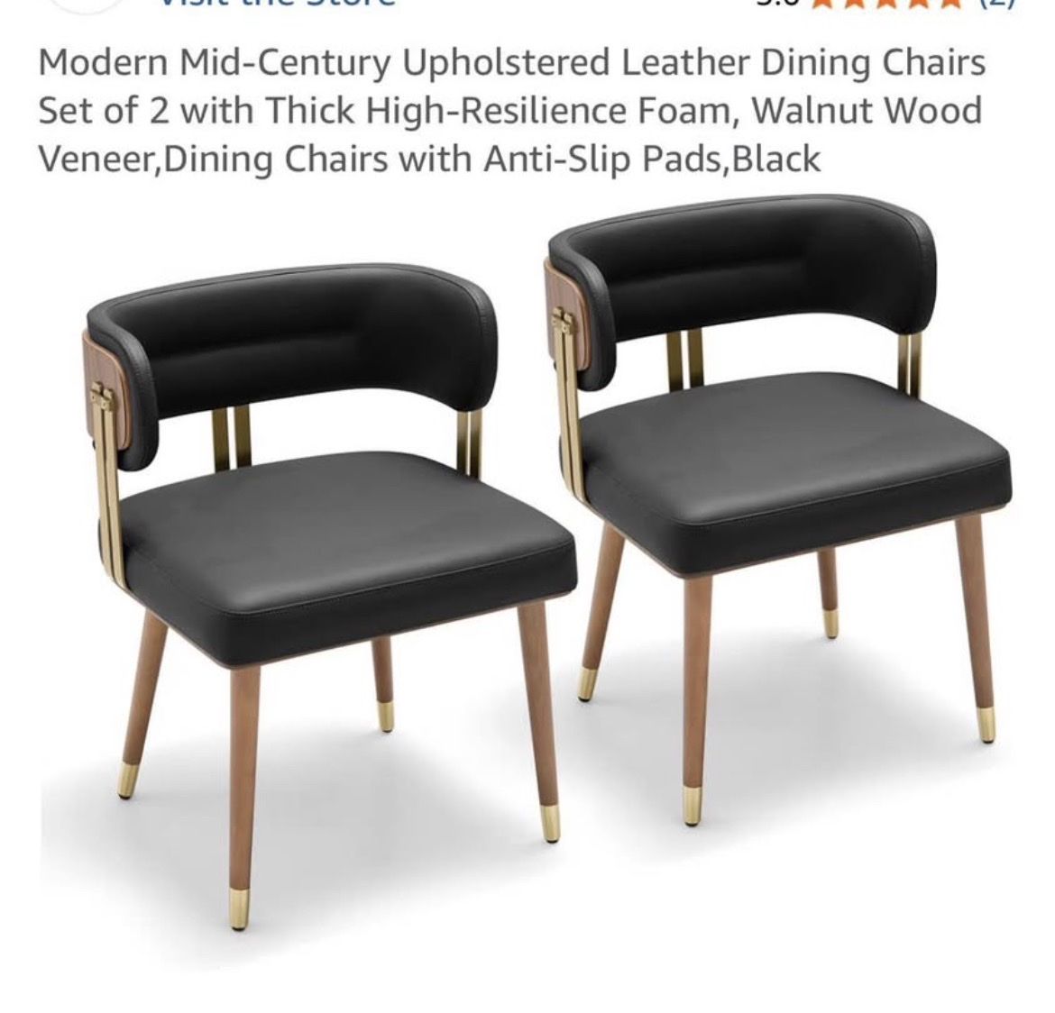 Modern Mid-Century Upholstered Leather Dining Chairs, Set of 2, Walnut Wood Veneer, Anti-Slip Pads, Black (see description)