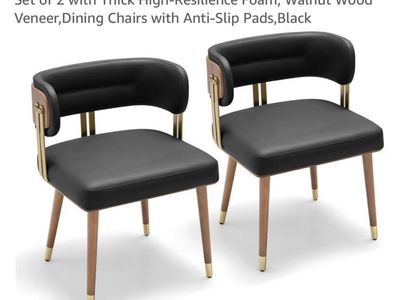 Modern Mid-Century Upholstered Leather Dining Chairs, Set of 2, Walnut Wood Veneer, Anti-Slip Pads, Black (see description)
