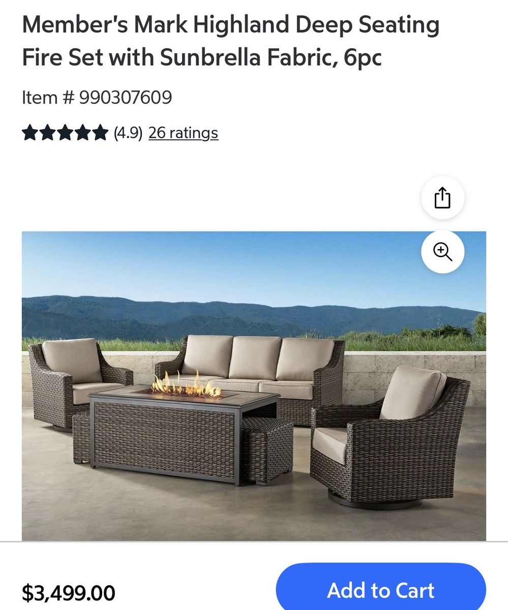 Member's Mark Highland 6pc Deep Seating Fire Set with Sunbrella Fabric - Outdoor Patio Furniture