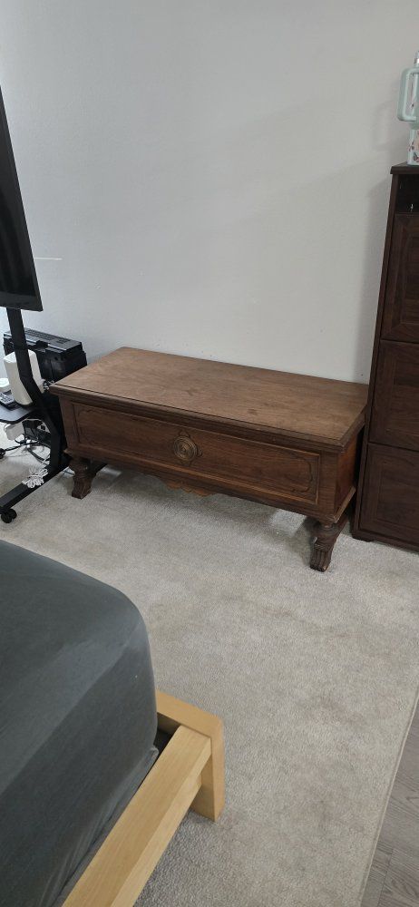 Vintage Carved Wood Storage Chest / Trunk with Ornate Front Panel and Legs