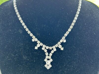 Vintage Rhinestone Y Necklace Silver Tone 15