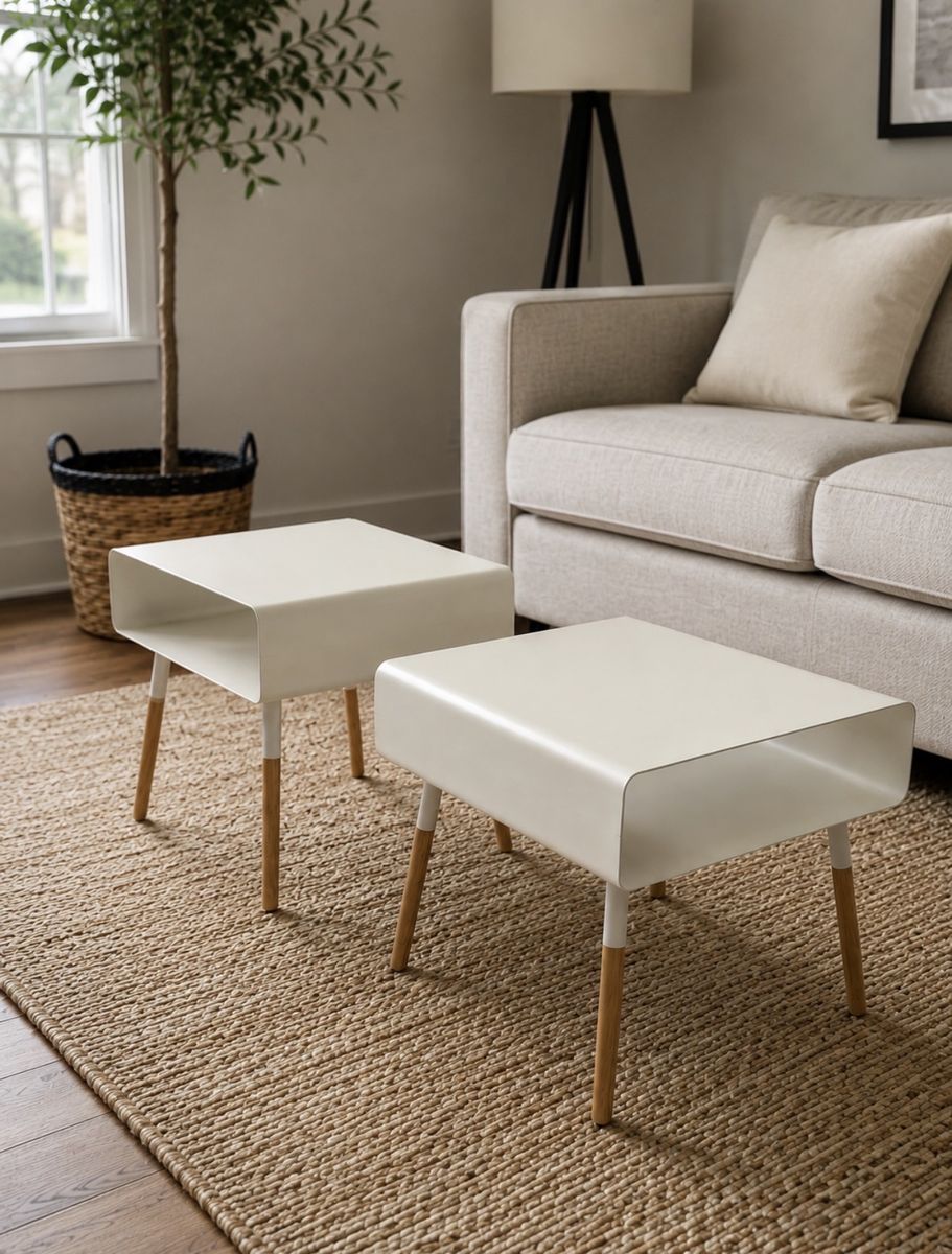 Modern White Metal & Wood Side Tables - Set of 2 End Tables with Storage