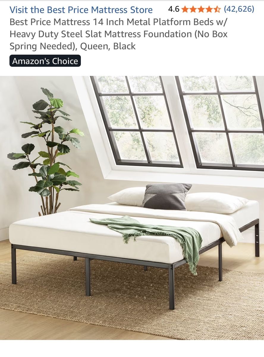 Best Price Mattress Queen Size 14" Black Metal Platform Bed Frame & Quilted Mattress