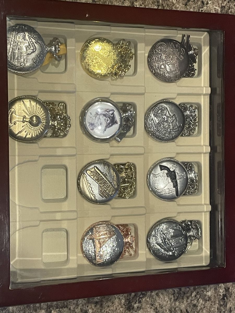 Quartz Pocket Watch Lot w/ Chains, Display Case, M