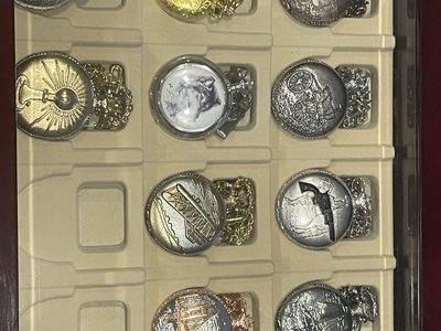 Quartz Pocket Watch Lot w/ Chains, Display Case, M