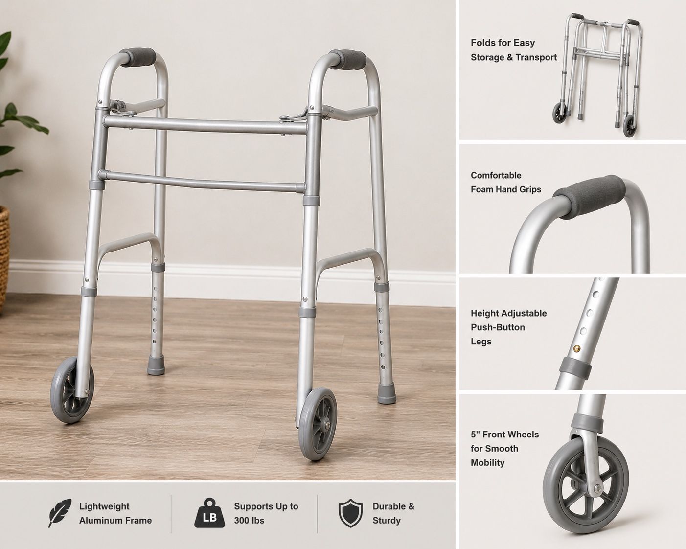 Folding Medical Walker with 5" Wheels, Adjustable Height, Aluminum Frame, 300 lbs Capacity