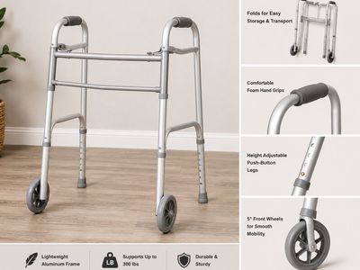 Folding Medical Walker with 5" Wheels, Adjustable Height, Aluminum Frame, 300 lbs Capacity