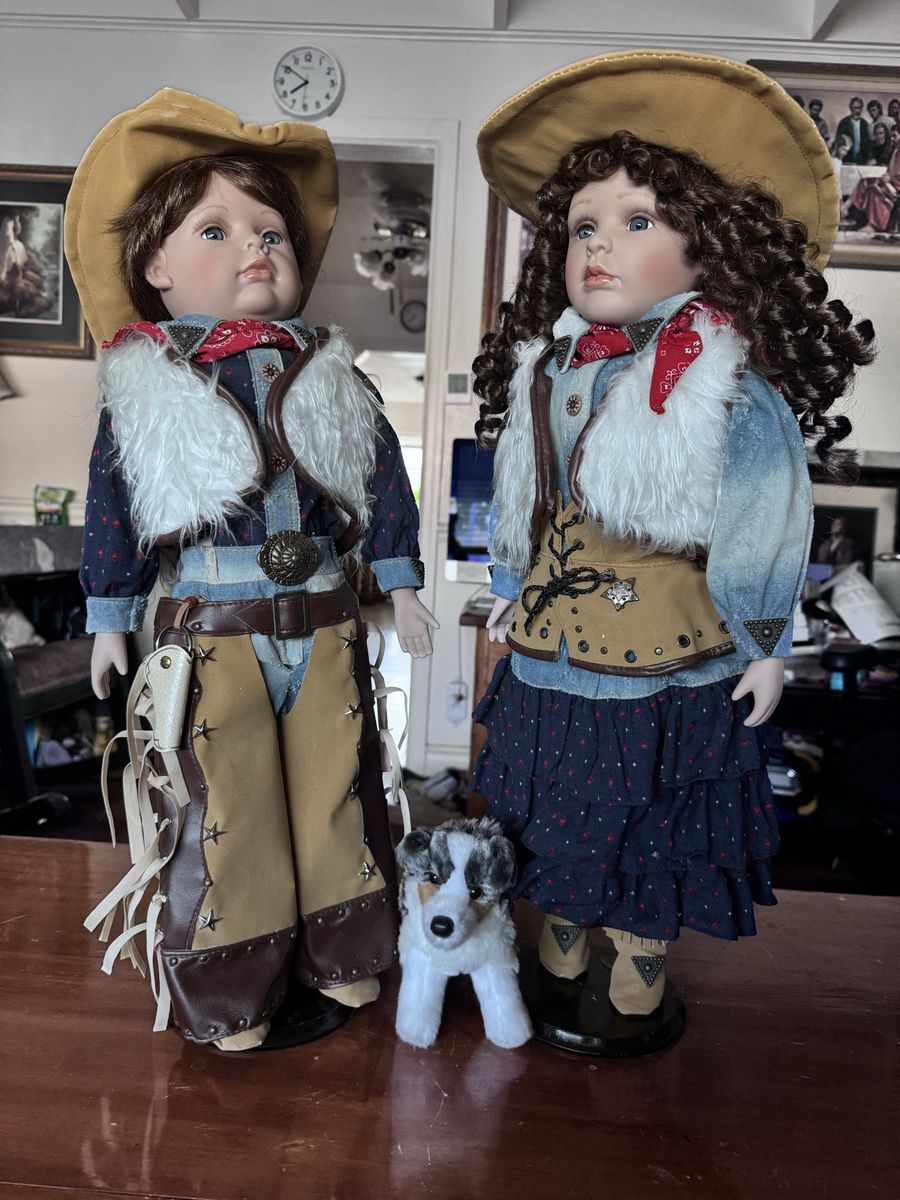 Vintage Porcelain Cowboy and Cowgirl Dolls 26” tall ,with Dog Figurine