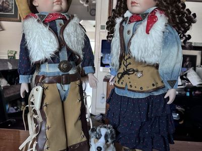Vintage Porcelain Cowboy and Cowgirl Dolls 26” tall ,with Dog Figurine