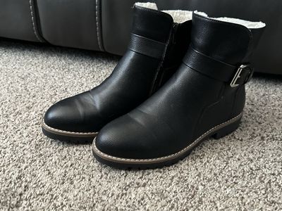 Black Ankle Boots with Buckle Detail - Women's Faux Leather, Sherpa Lined