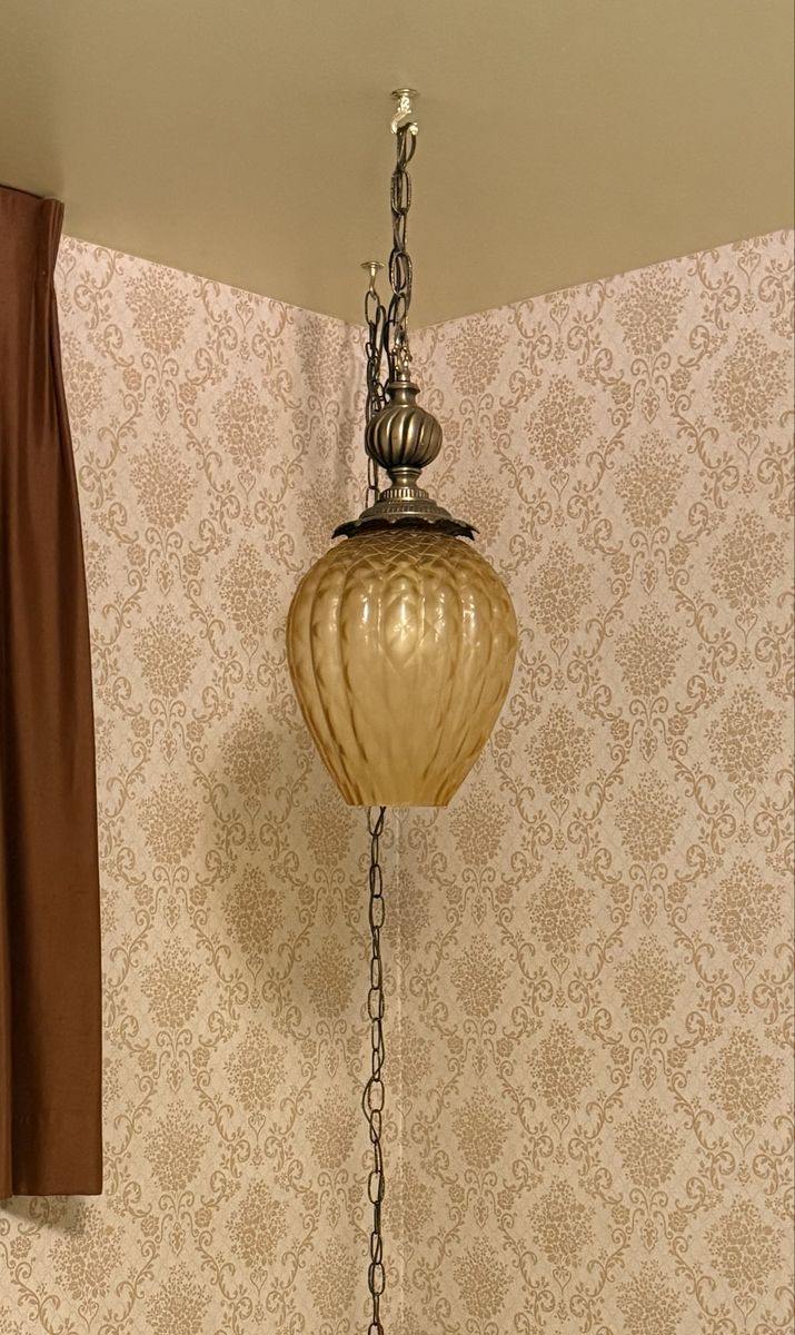 Vintage Mid-Century Swag Hanging Lamp - Amber Glass