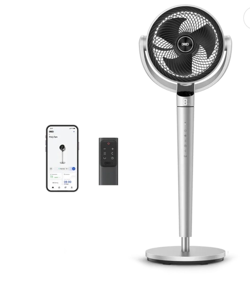 DREO PolyFan 704S Oscillating Pedestal Fan with Remote & App Control, Omni-directional, Silver