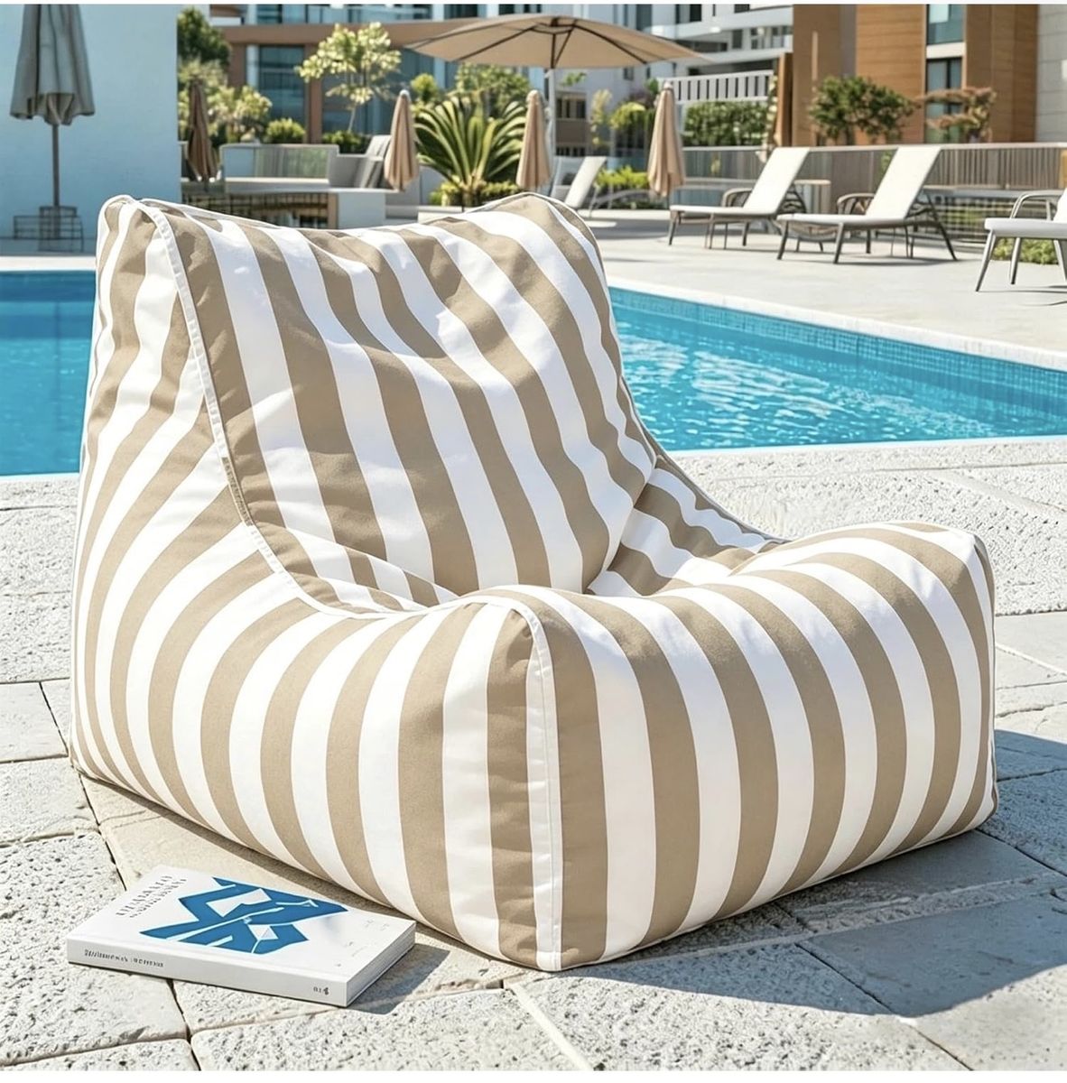 Khaki Striped Outdoor Bean Bag Chair - Water-Resistant Lounger brand new