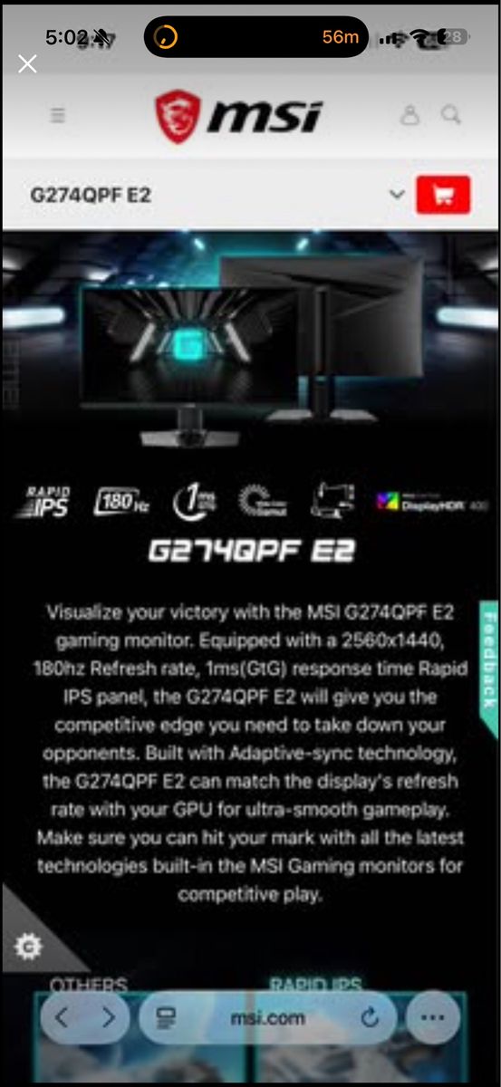 MSI Gaming Monitor 27” 180hz 1440p Display HDR 1ms