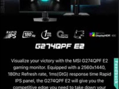 MSI Gaming Monitor 27” 180hz 1440p Display HDR 1ms