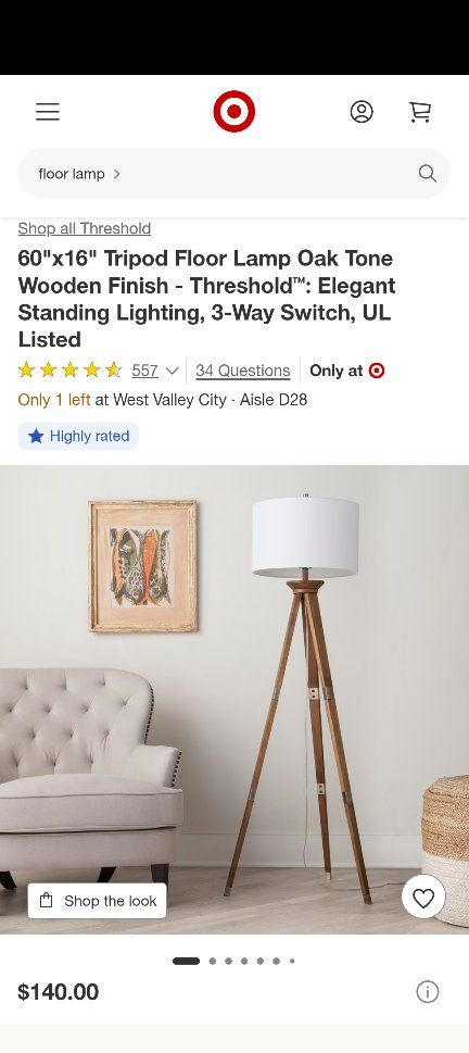 Threshold 60" Oak Tone Tripod Floor Lamp with 3-Way Switch and Elegant Standing Lighting