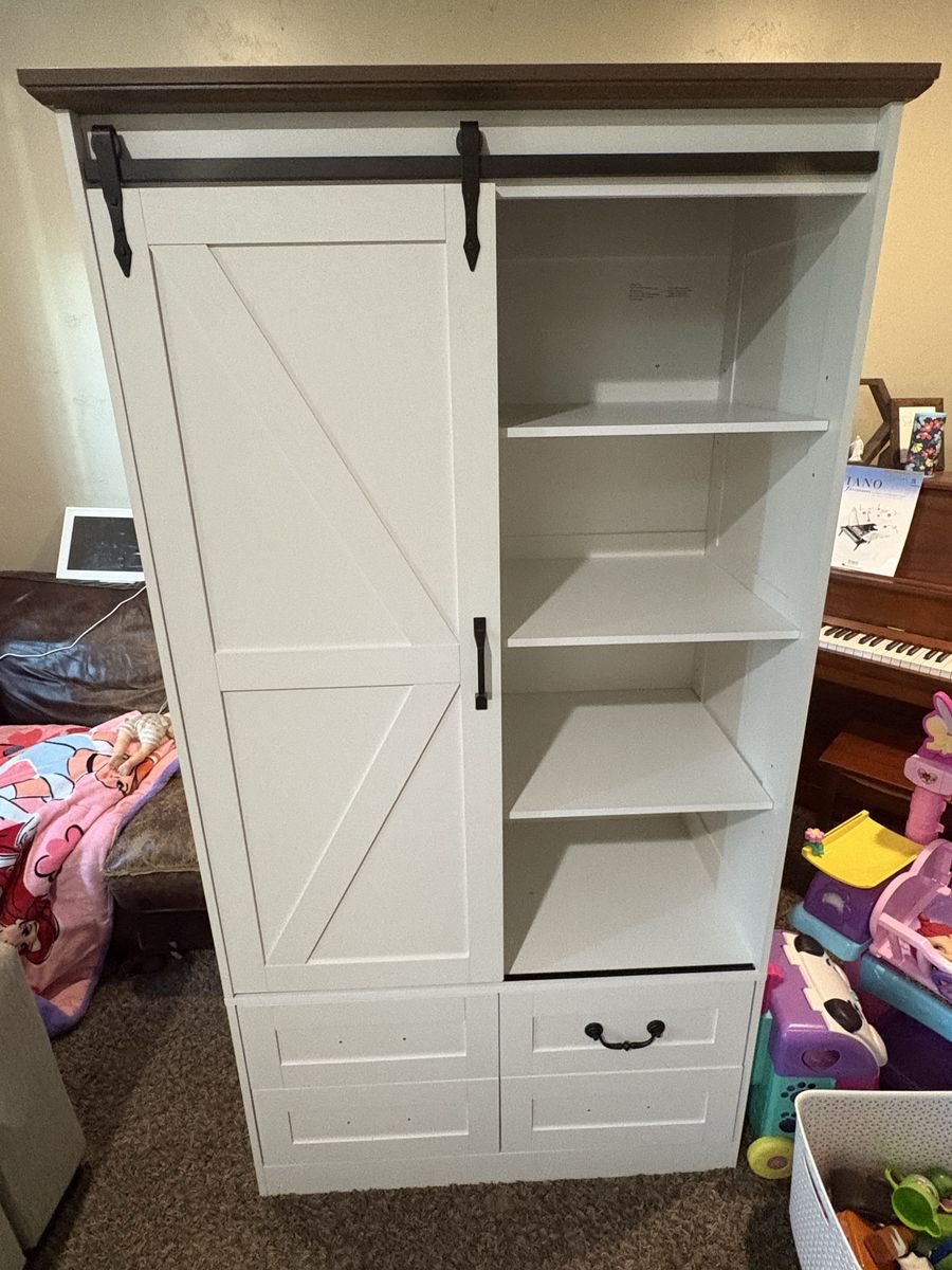 White Farmhouse Sliding Barn Door Armoire Wardrobe Cabinet with Drawers